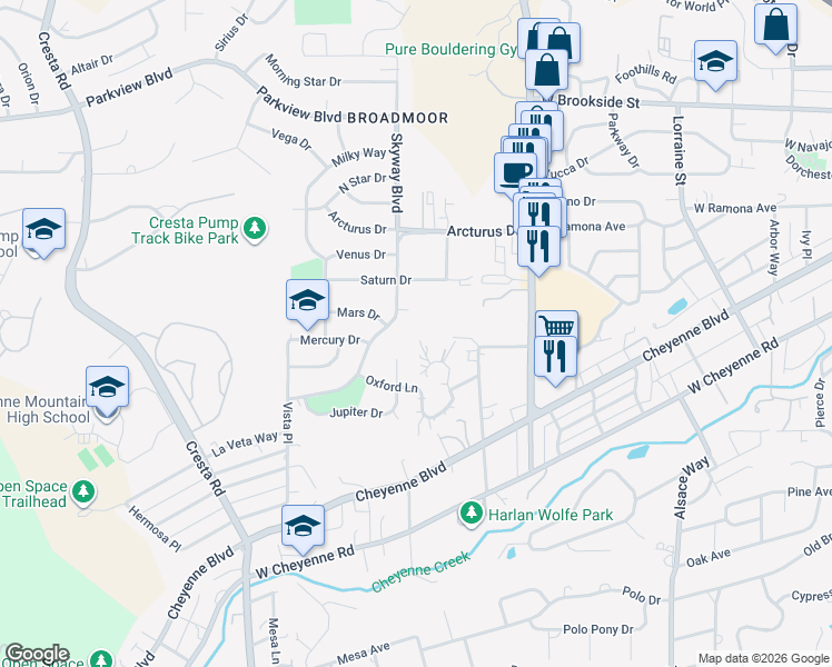 map of restaurants, bars, coffee shops, grocery stores, and more near 939 Skyway Boulevard in Colorado Springs