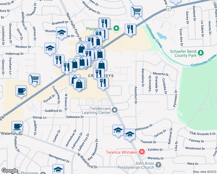 map of restaurants, bars, coffee shops, grocery stores, and more near 3250 Cross Keys Drive in Florissant