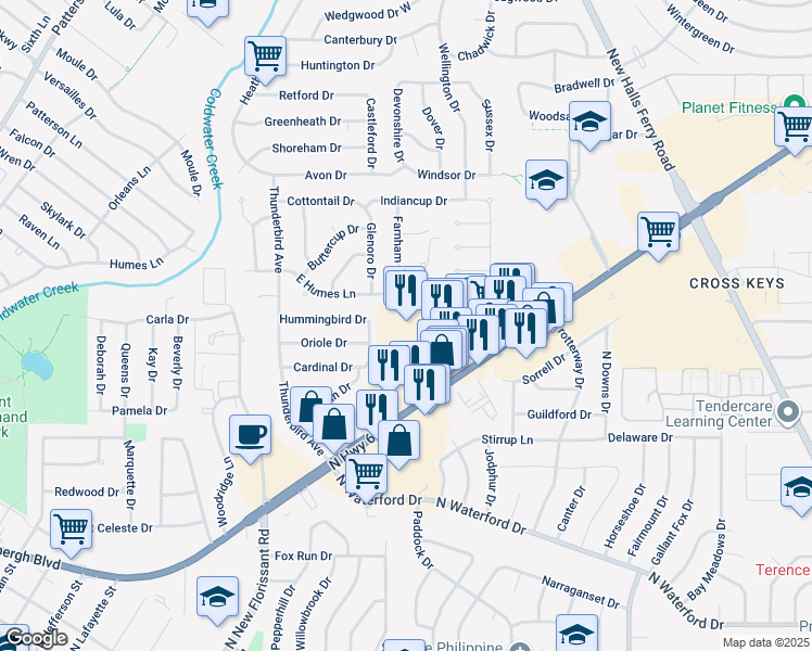 map of restaurants, bars, coffee shops, grocery stores, and more near 2341 North Highway 67 in Florissant