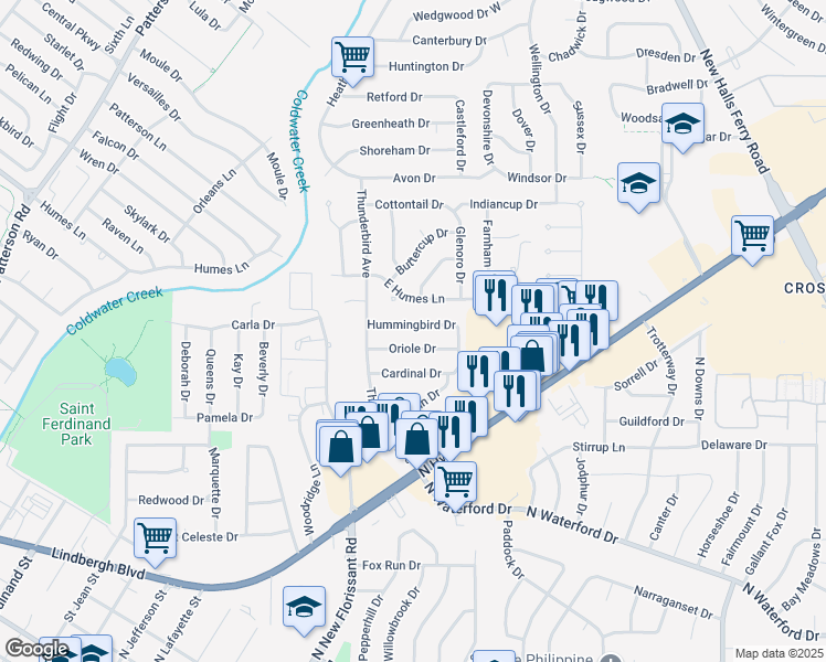 map of restaurants, bars, coffee shops, grocery stores, and more near 2180 East Humes Lane in Florissant