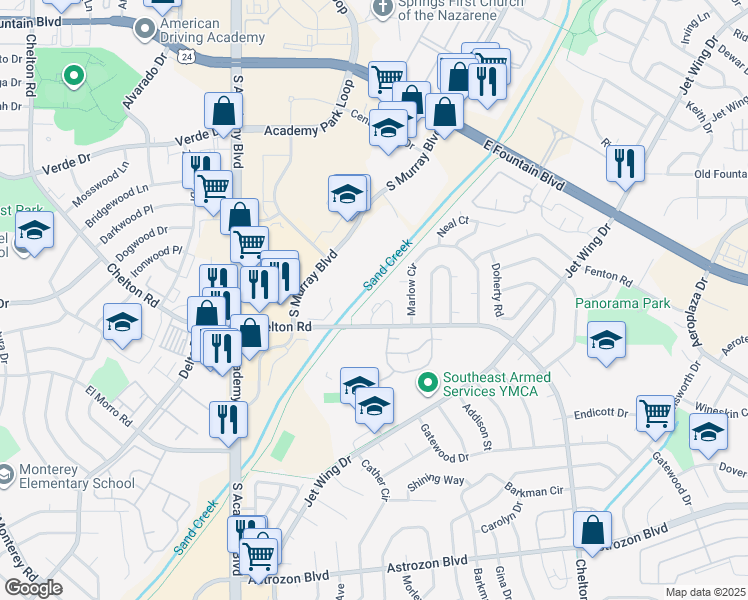 map of restaurants, bars, coffee shops, grocery stores, and more near 4210 Bluejay Court in Colorado Springs