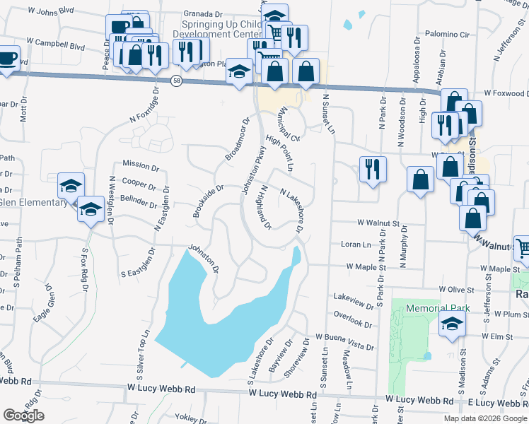 map of restaurants, bars, coffee shops, grocery stores, and more near 202 North Highland Drive in Raymore