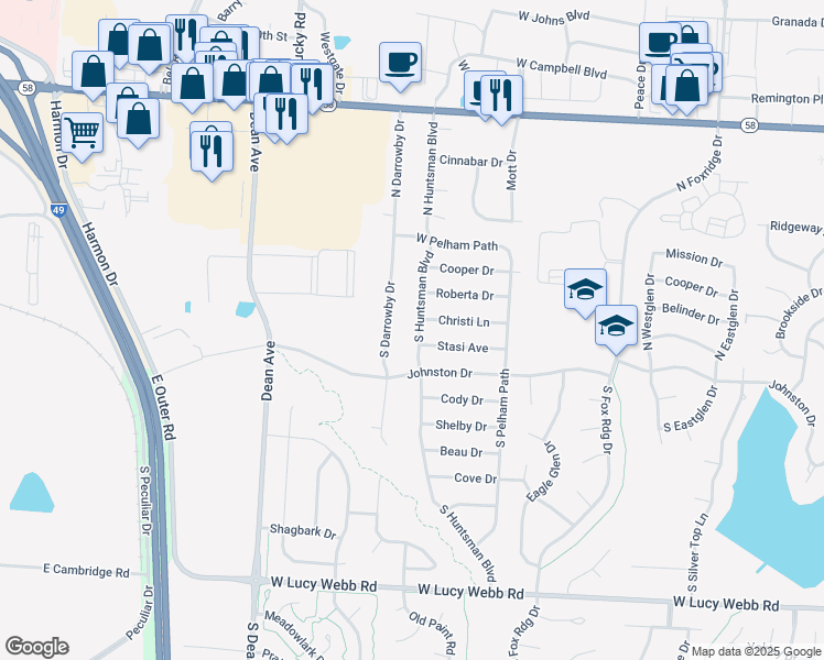 map of restaurants, bars, coffee shops, grocery stores, and more near 118 South Huntsman Boulevard in Raymore
