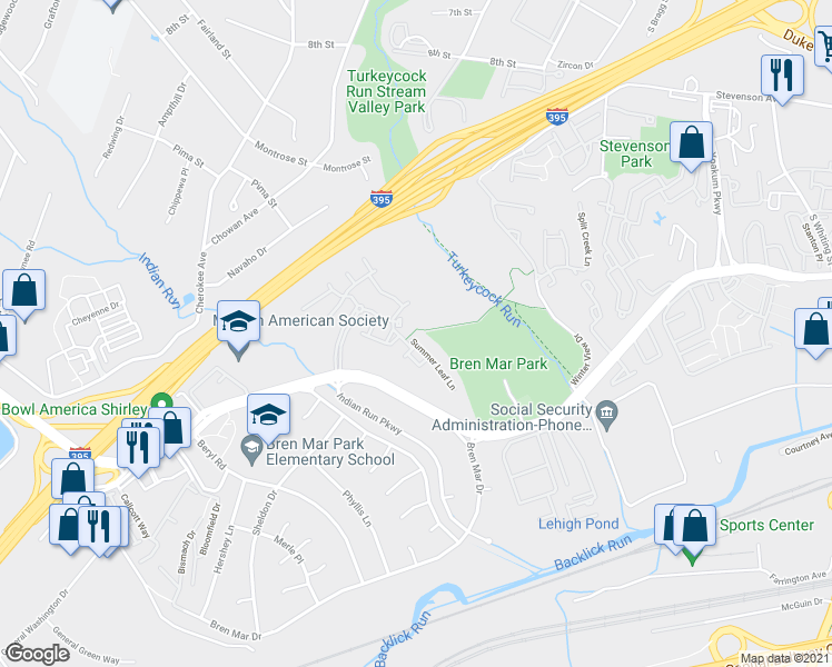 map of restaurants, bars, coffee shops, grocery stores, and more near 5393 Summer Leaf Lane in Alexandria
