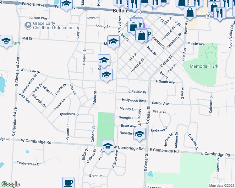 map of restaurants, bars, coffee shops, grocery stores, and more near 101 East Pacific Drive in Belton
