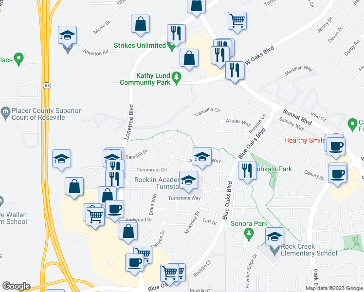 map of restaurants, bars, coffee shops, grocery stores, and more near 6209 Goldeneye Court in Rocklin
