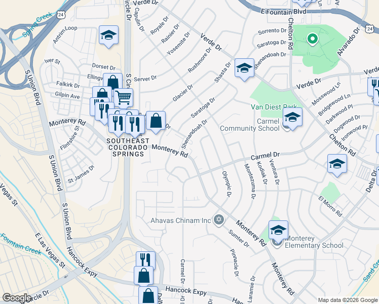 map of restaurants, bars, coffee shops, grocery stores, and more near 1751 Shenandoah Drive in Colorado Springs