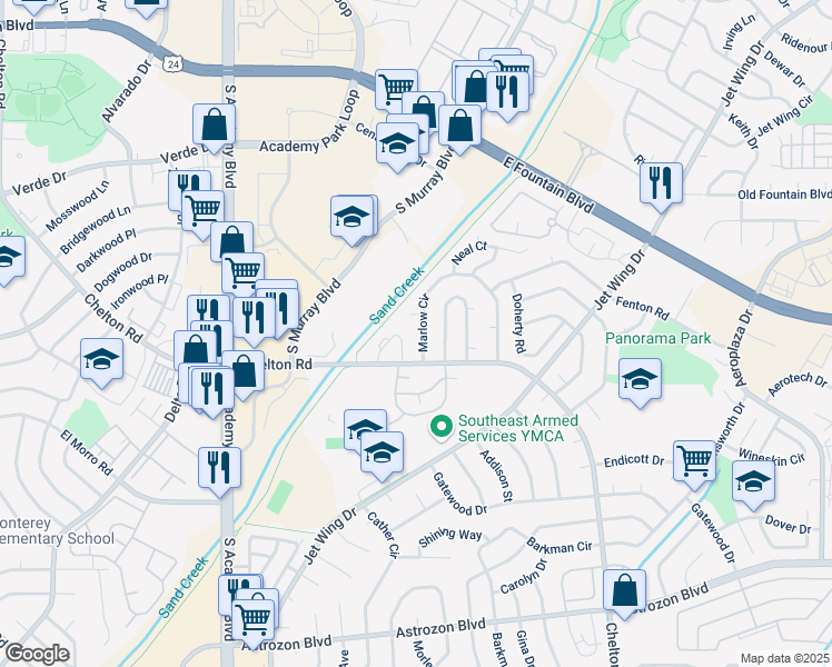 map of restaurants, bars, coffee shops, grocery stores, and more near 4222 Marlow Circle in Colorado Springs