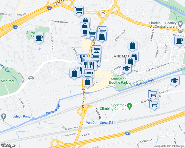 map of restaurants, bars, coffee shops, grocery stores, and more near 512 South Van Dorn Street in Alexandria