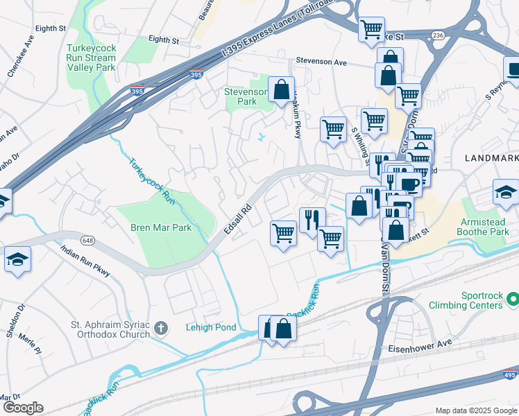map of restaurants, bars, coffee shops, grocery stores, and more near 6220 Edsall Road in Alexandria