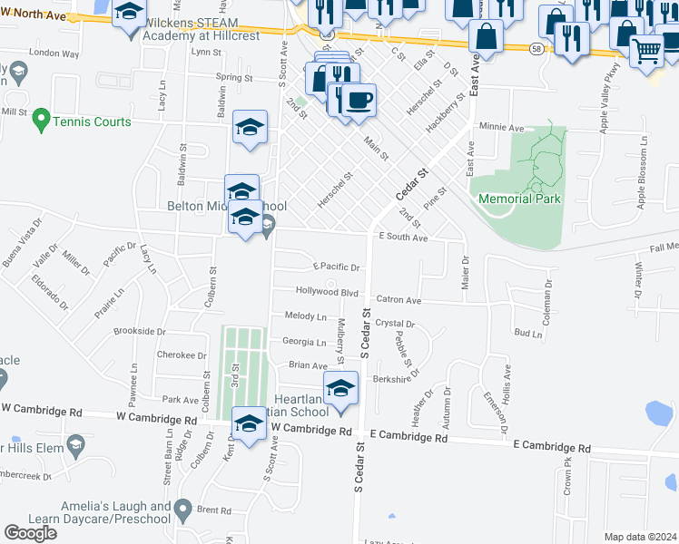 map of restaurants, bars, coffee shops, grocery stores, and more near 219 East Pacific Drive in Belton