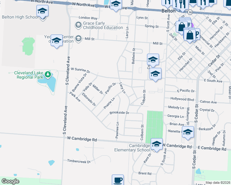 map of restaurants, bars, coffee shops, grocery stores, and more near 403 Pacific Drive in Belton