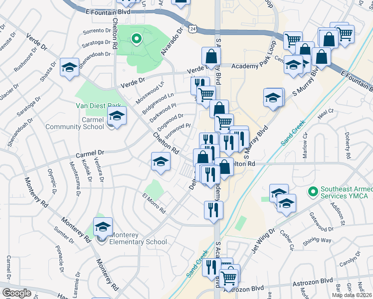 map of restaurants, bars, coffee shops, grocery stores, and more near 1815 Zebulon Drive in Colorado Springs