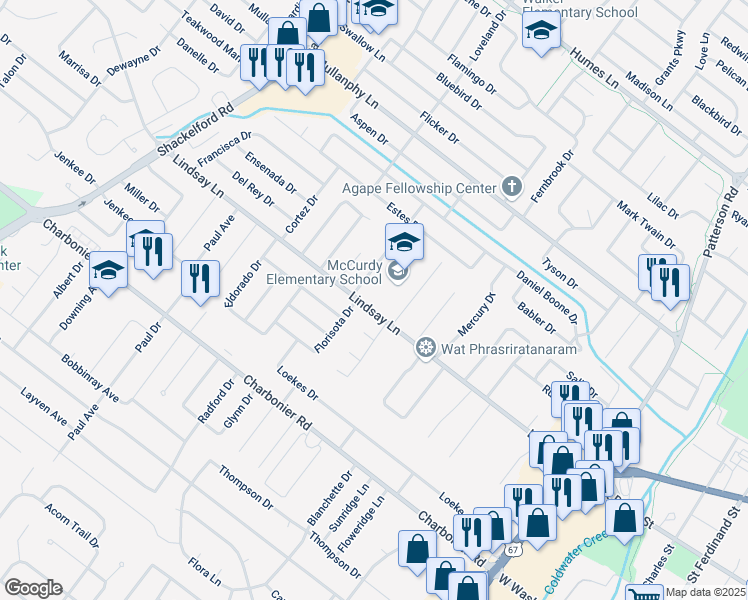 map of restaurants, bars, coffee shops, grocery stores, and more near 985 Lindsay Lane in Florissant