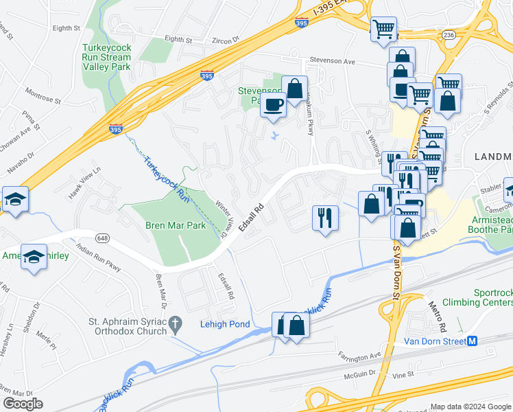 map of restaurants, bars, coffee shops, grocery stores, and more near 6260 Edsall Road in Alexandria