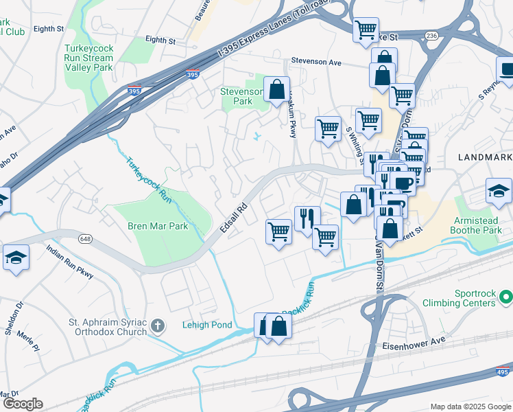 map of restaurants, bars, coffee shops, grocery stores, and more near 6220 Edsall Road in Alexandria