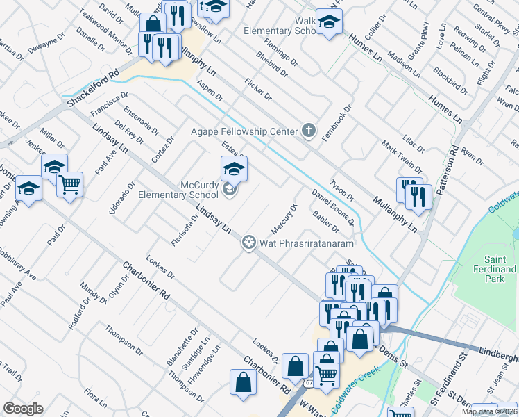 map of restaurants, bars, coffee shops, grocery stores, and more near 31 Mary Ann Court in Florissant