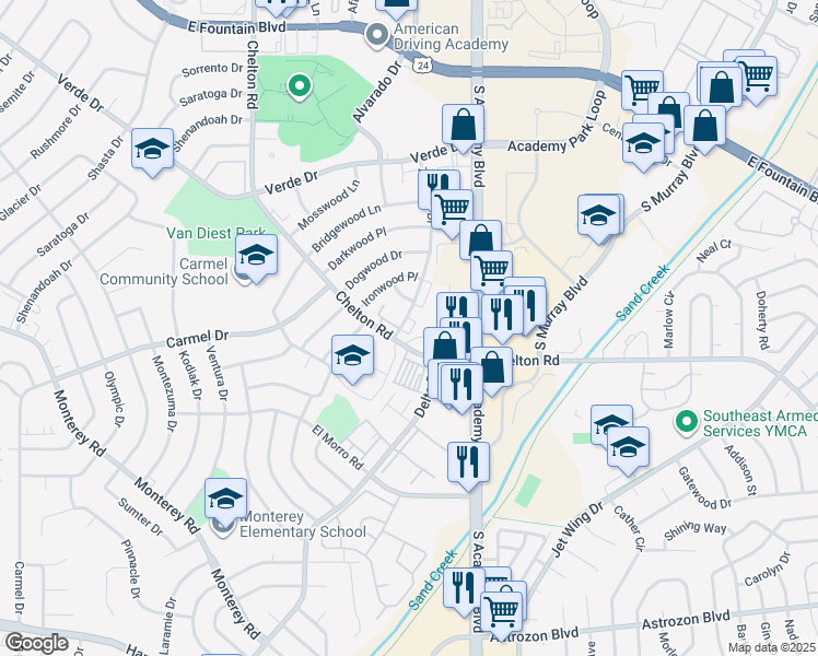 map of restaurants, bars, coffee shops, grocery stores, and more near 1815 Zebulon Drive in Colorado Springs