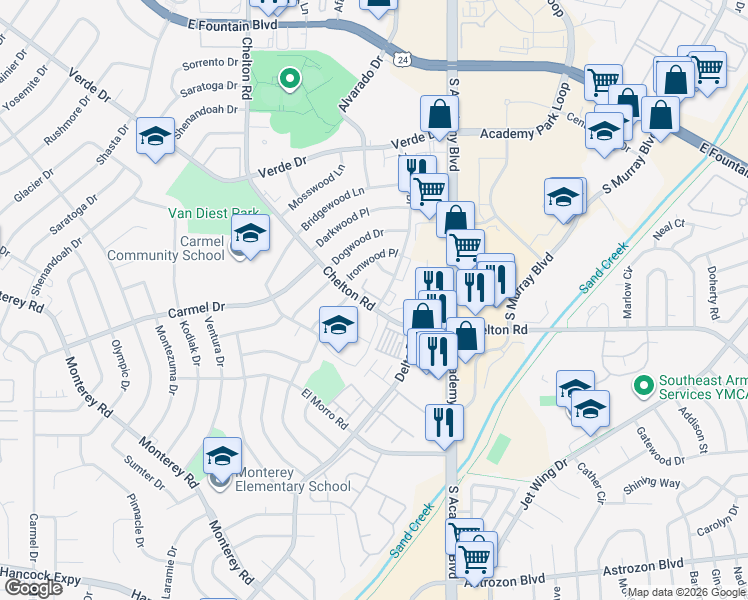 map of restaurants, bars, coffee shops, grocery stores, and more near 3535 Ironwood Place in Colorado Springs
