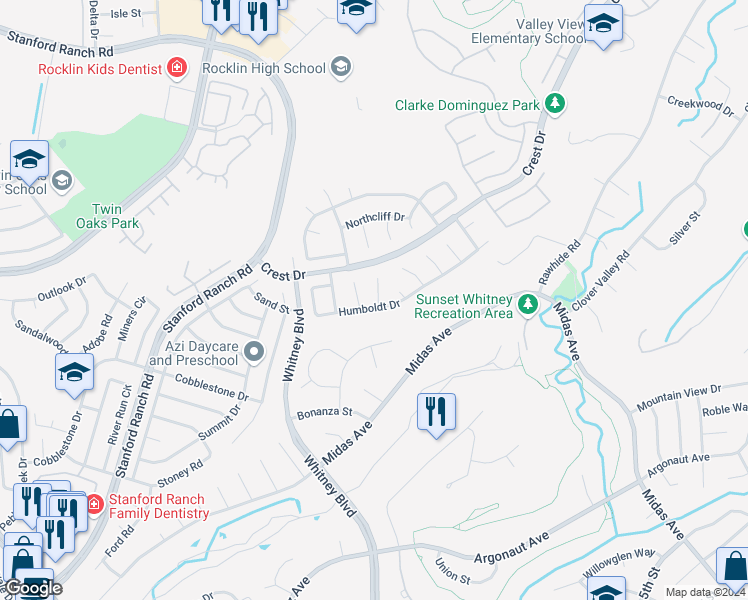map of restaurants, bars, coffee shops, grocery stores, and more near 3554 Moon Ridge Court in Rocklin
