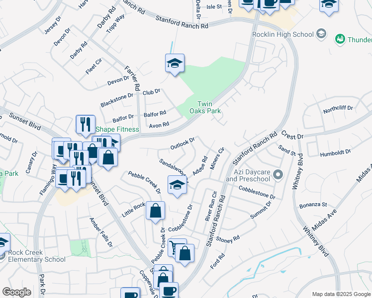 map of restaurants, bars, coffee shops, grocery stores, and more near 3237 Outlook Drive in Rocklin