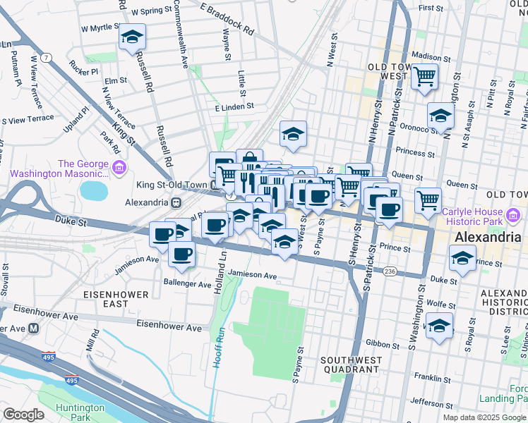 map of restaurants, bars, coffee shops, grocery stores, and more near 1604 Dechantal Street in Alexandria