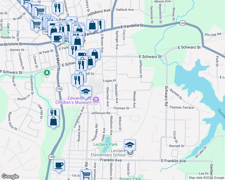 map of restaurants, bars, coffee shops, grocery stores, and more near 608 Sherman Avenue in Edwardsville