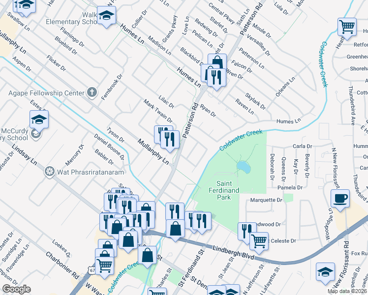 map of restaurants, bars, coffee shops, grocery stores, and more near 1740 Patterson Road in Florissant