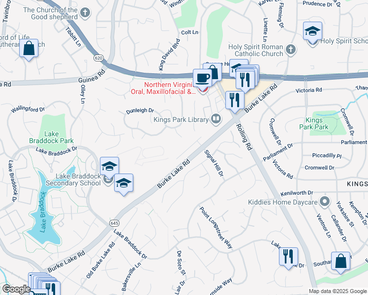 map of restaurants, bars, coffee shops, grocery stores, and more near 9016 Advantage Ct in Burke