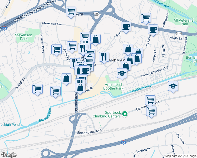 map of restaurants, bars, coffee shops, grocery stores, and more near North Pickett Street in Alexandria