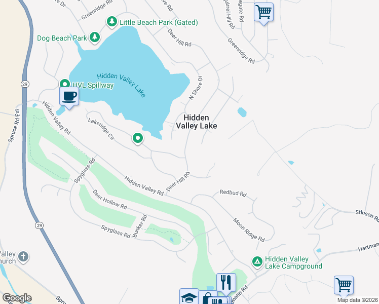 map of restaurants, bars, coffee shops, grocery stores, and more near 19352 Deer Hill Road in Hidden Valley Lake