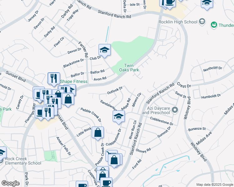 map of restaurants, bars, coffee shops, grocery stores, and more near 3237 Outlook Drive in Rocklin