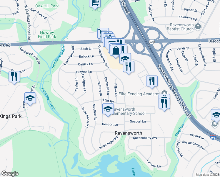 map of restaurants, bars, coffee shops, grocery stores, and more near 5307 Oldcastle Lane in Springfield