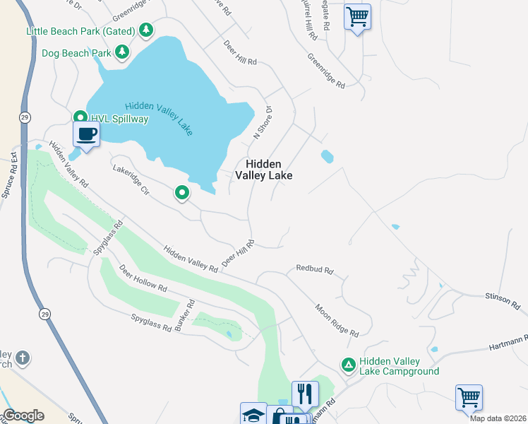 map of restaurants, bars, coffee shops, grocery stores, and more near 19316 Deer Hill Road in Hidden Valley Lake