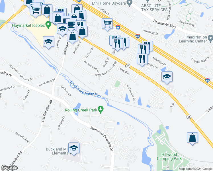 map of restaurants, bars, coffee shops, grocery stores, and more near 6987 Manahoac Place in Gainesville