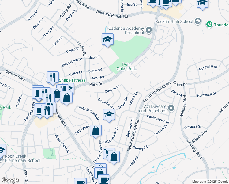 map of restaurants, bars, coffee shops, grocery stores, and more near 5605 Oaks Drive in Rocklin