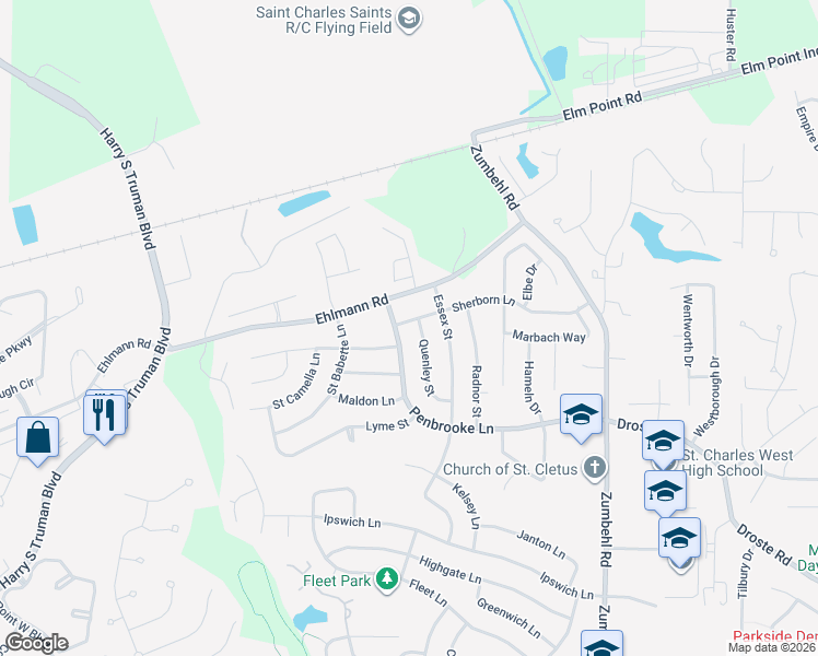 map of restaurants, bars, coffee shops, grocery stores, and more near 2816 Sherborn Lane in Saint Charles
