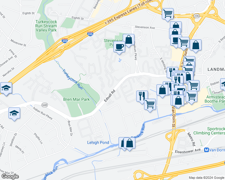 map of restaurants, bars, coffee shops, grocery stores, and more near 6250 Edsall Road in Alexandria