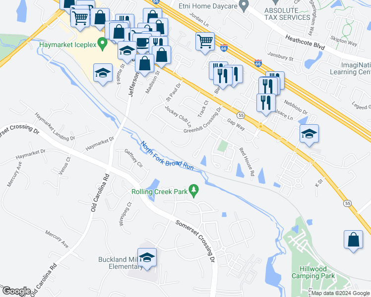 map of restaurants, bars, coffee shops, grocery stores, and more near 6933 Jockey Club Lane in Haymarket