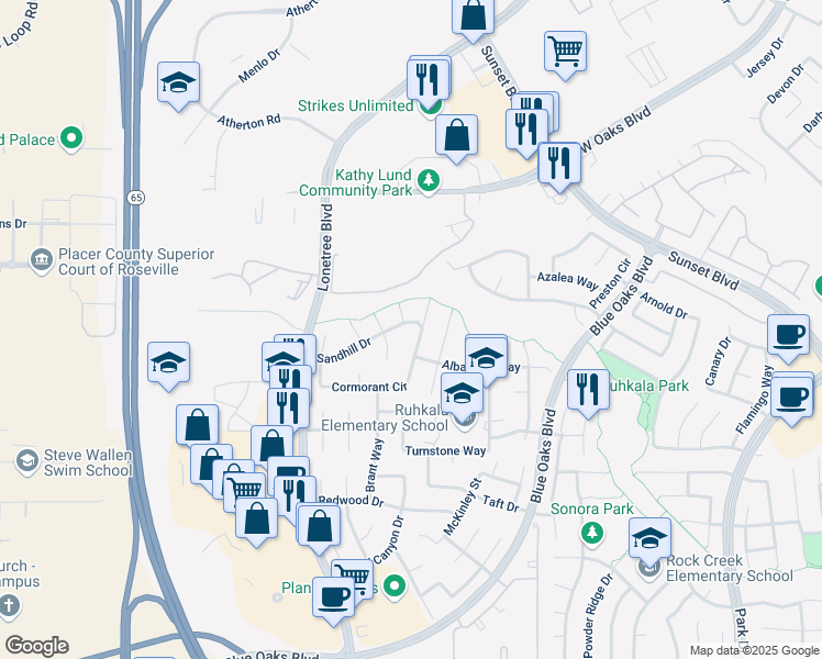 map of restaurants, bars, coffee shops, grocery stores, and more near 1434 Sandhill Drive in Rocklin