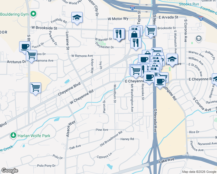 map of restaurants, bars, coffee shops, grocery stores, and more near 102 West Cheyenne Road in Colorado Springs