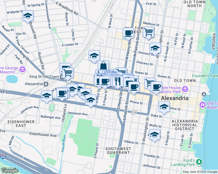 map of restaurants, bars, coffee shops, grocery stores, and more near 1225 King Street in Alexandria