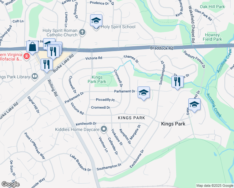 map of restaurants, bars, coffee shops, grocery stores, and more near 8703 Parliament Drive in Springfield