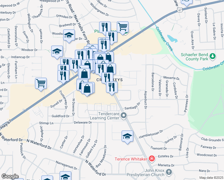 map of restaurants, bars, coffee shops, grocery stores, and more near 13931 New Halls Ferry Road in Florissant