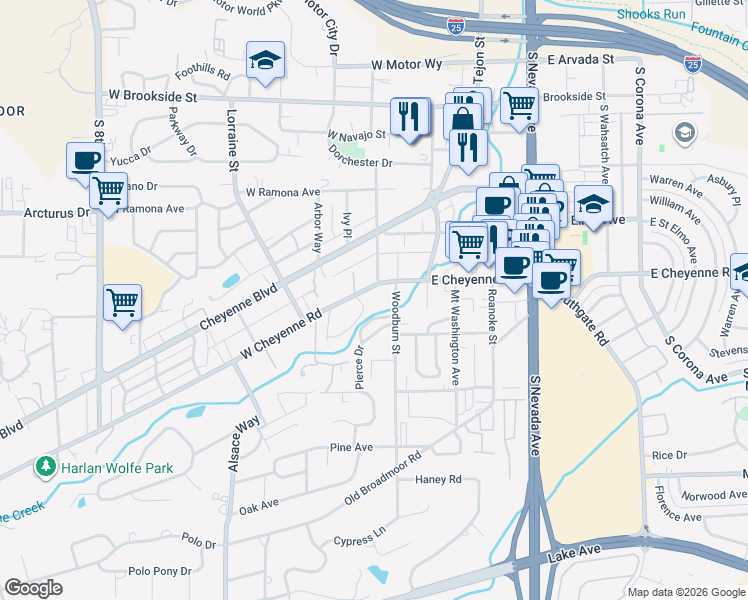 map of restaurants, bars, coffee shops, grocery stores, and more near 107 West Cheyenne Road in Colorado Springs