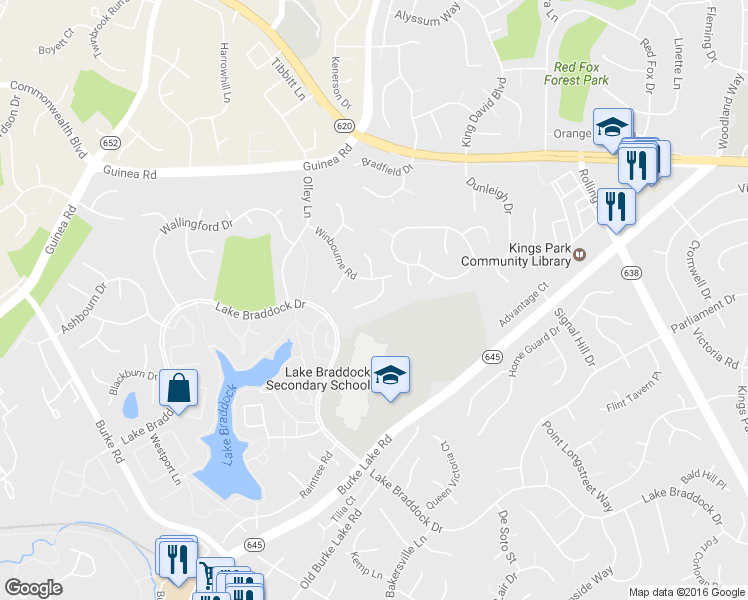 map of restaurants, bars, coffee shops, grocery stores, and more near Dunleer Lane in Burke