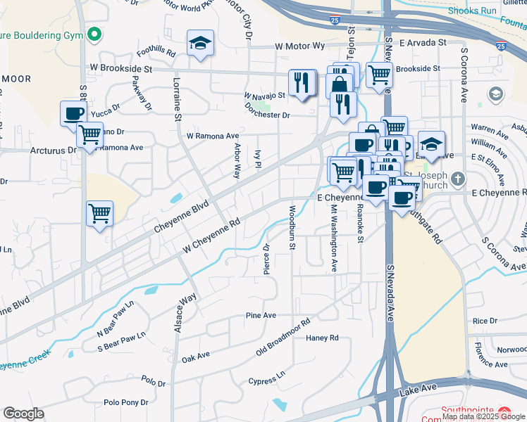 map of restaurants, bars, coffee shops, grocery stores, and more near 200 Cheyenne Boulevard in Colorado Springs