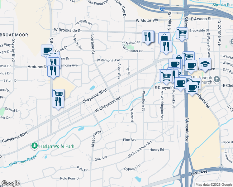 map of restaurants, bars, coffee shops, grocery stores, and more near 215 Cheyenne Boulevard in Colorado Springs
