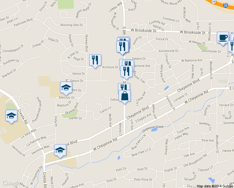 map of restaurants, bars, coffee shops, grocery stores, and more near 859 Redemption Point in Colorado Springs