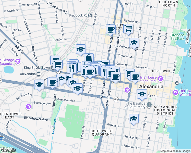 map of restaurants, bars, coffee shops, grocery stores, and more near in Alexandria